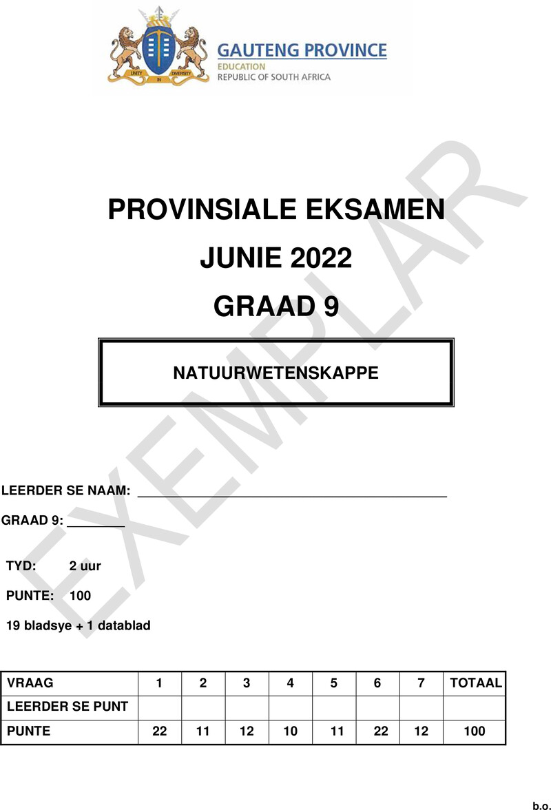 Natuurwetenskappe Grade 9 DBE CAPS June 2022 - Question Paper