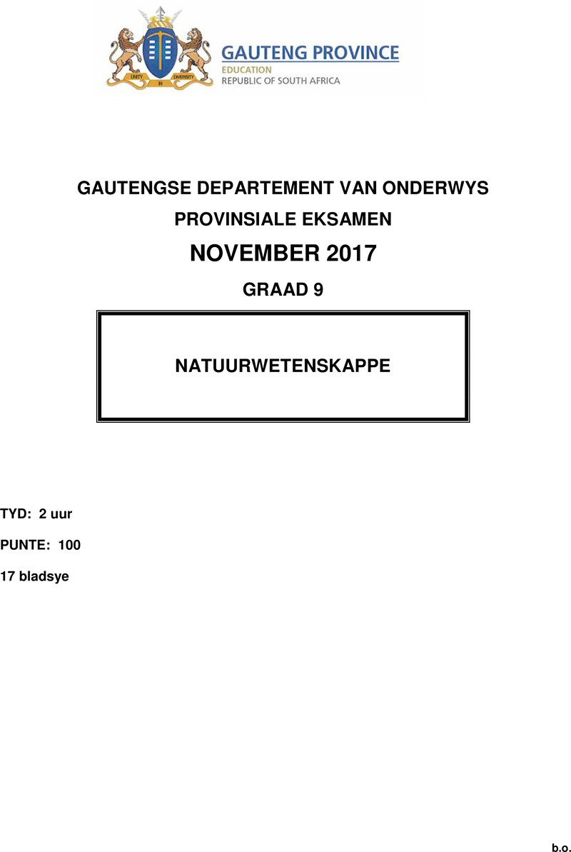 Natuurwetenskappe Grade 9 DBE CAPS November 2017 Paper 1 - Question Paper