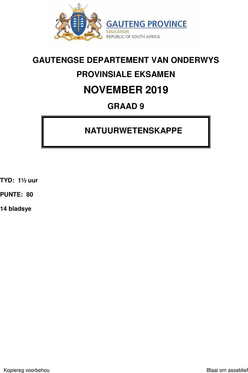 Natuurwetenskappe Grade 9 DBE CAPS November 2019 - Question Paper
