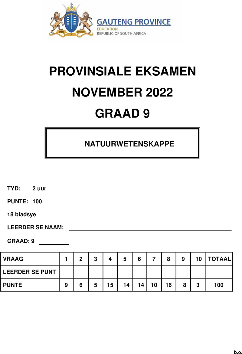 Natuurwetenskappe Grade 9 DBE CAPS November 2022 Paper 1 - Question Paper
