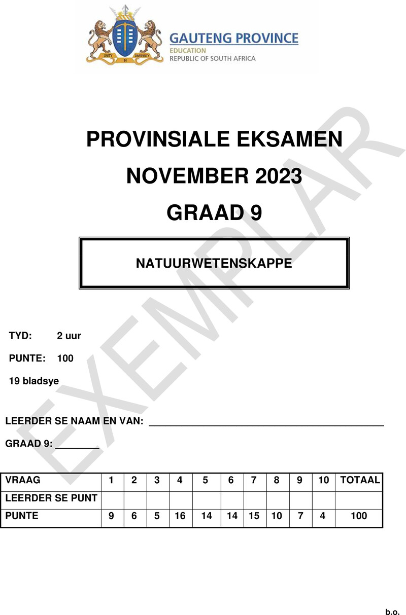 Natuurwetenskappe Grade 9 DBE CAPS November 2023 - Question Paper