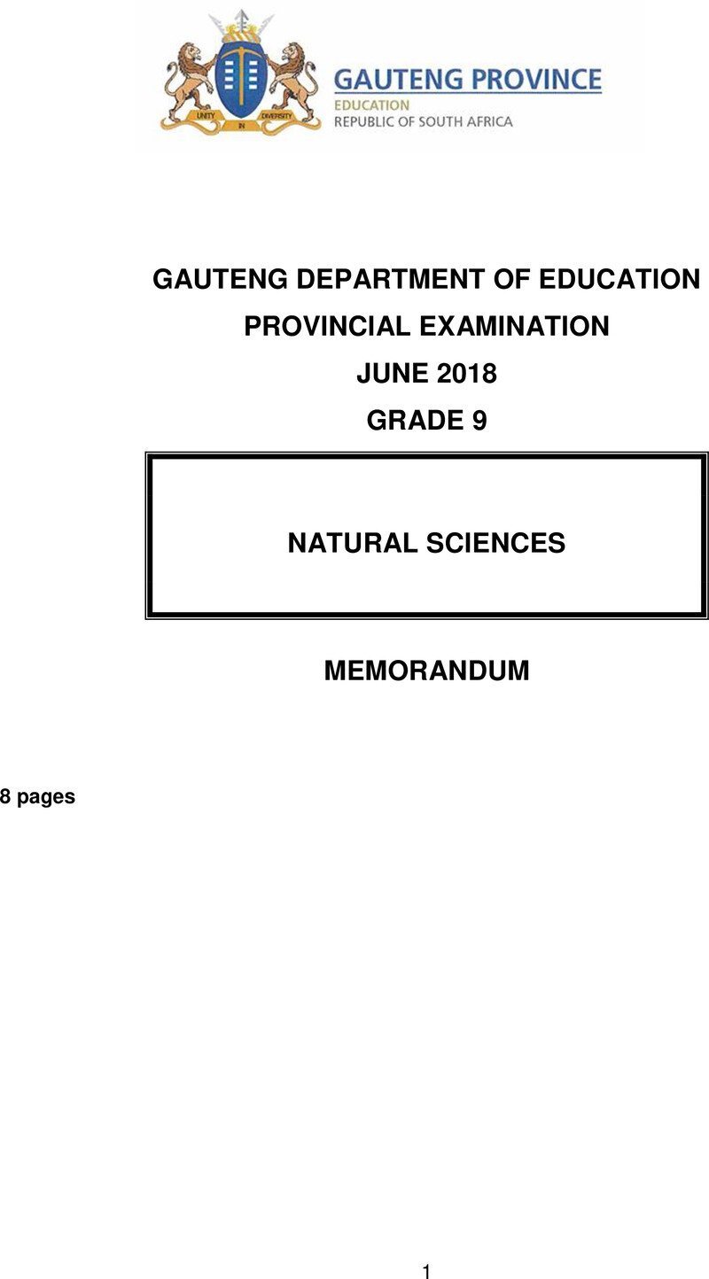 Natural Sciences Grade 9 DBE NSC June 2018 - Memo