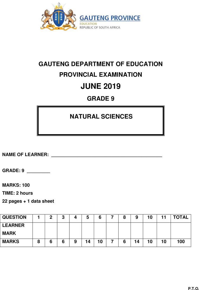 Natural Sciences Grade 9 DBE CAPS June 2019 - Question Paper