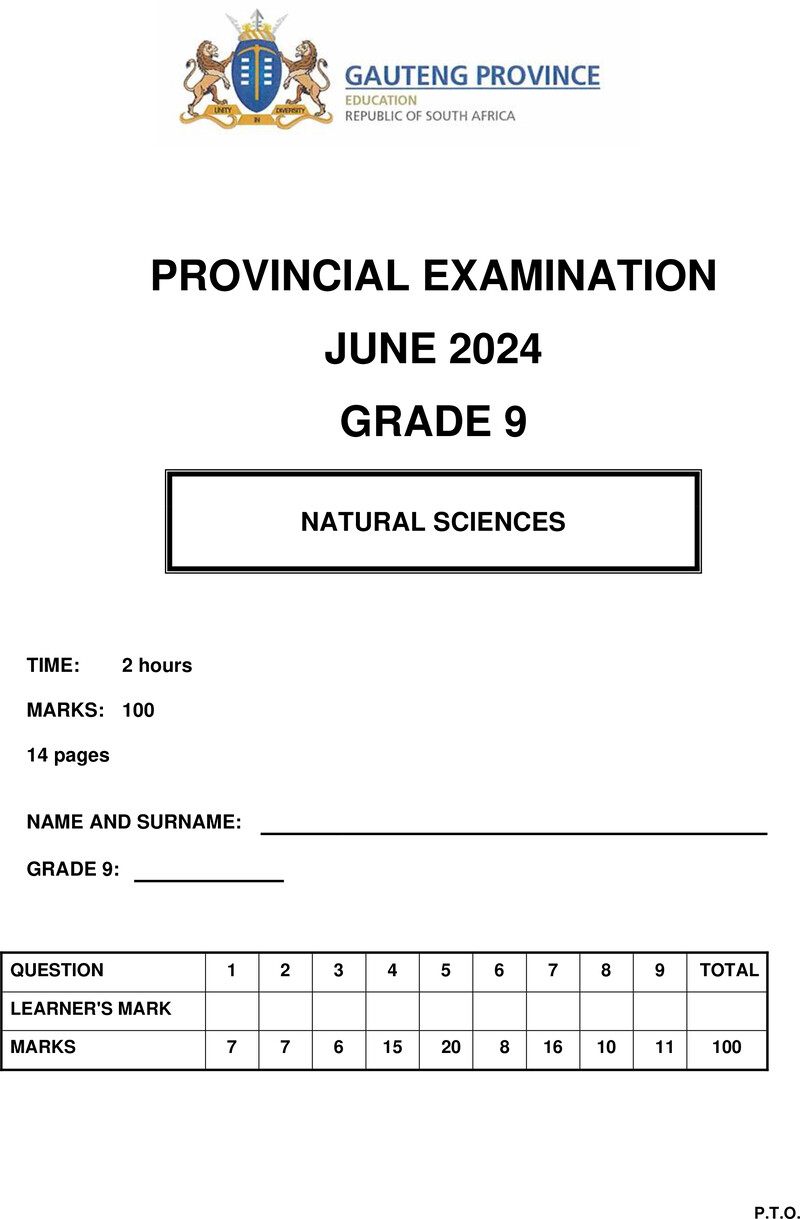 Natural Sciences Grade 9 DBE CAPS June 2024 Paper 2 - Question Paper