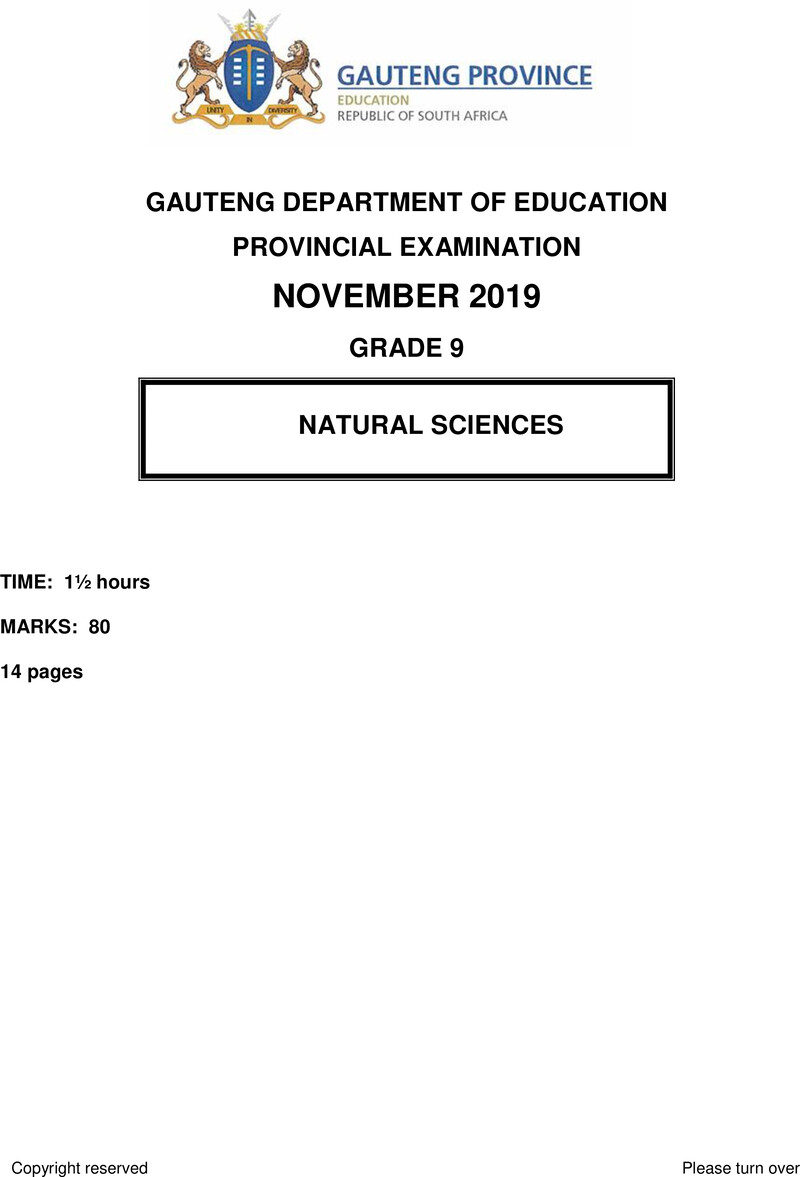 Natural Sciences Grade 9 DBE CAPS November 2019 Paper 1 - Question Paper