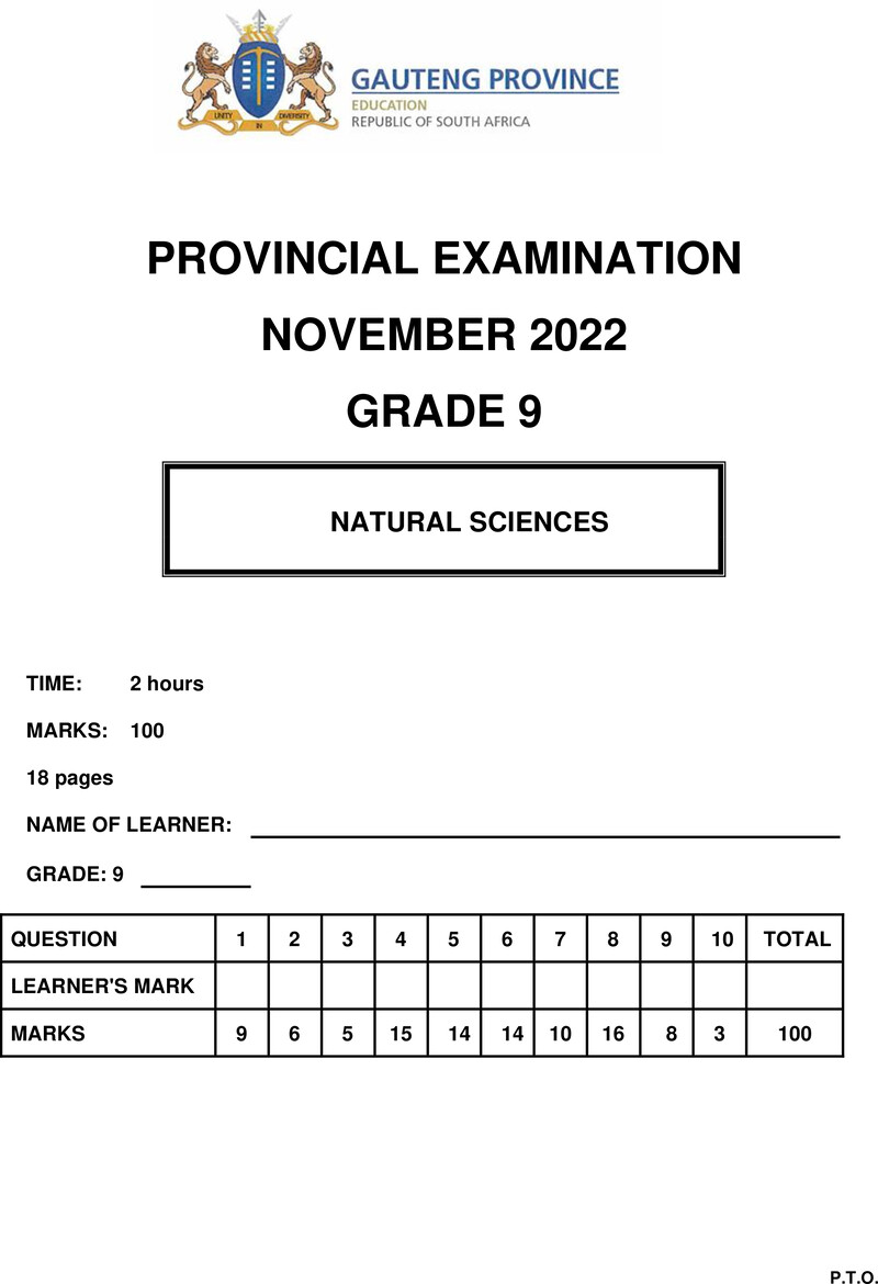 Natural Sciences Grade 9 DBE CAPS November 2022 Paper 2 - Question Paper