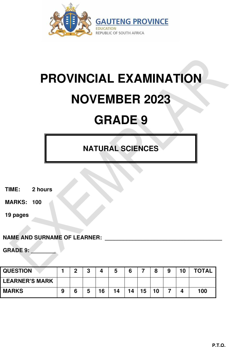 Natural Sciences Grade 9 DBE CAPS November 2023 - Question Paper