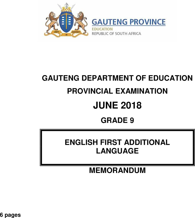 English First Additional Language Grade 9 DBE CAPS June 2018 Paper 2 - Memo