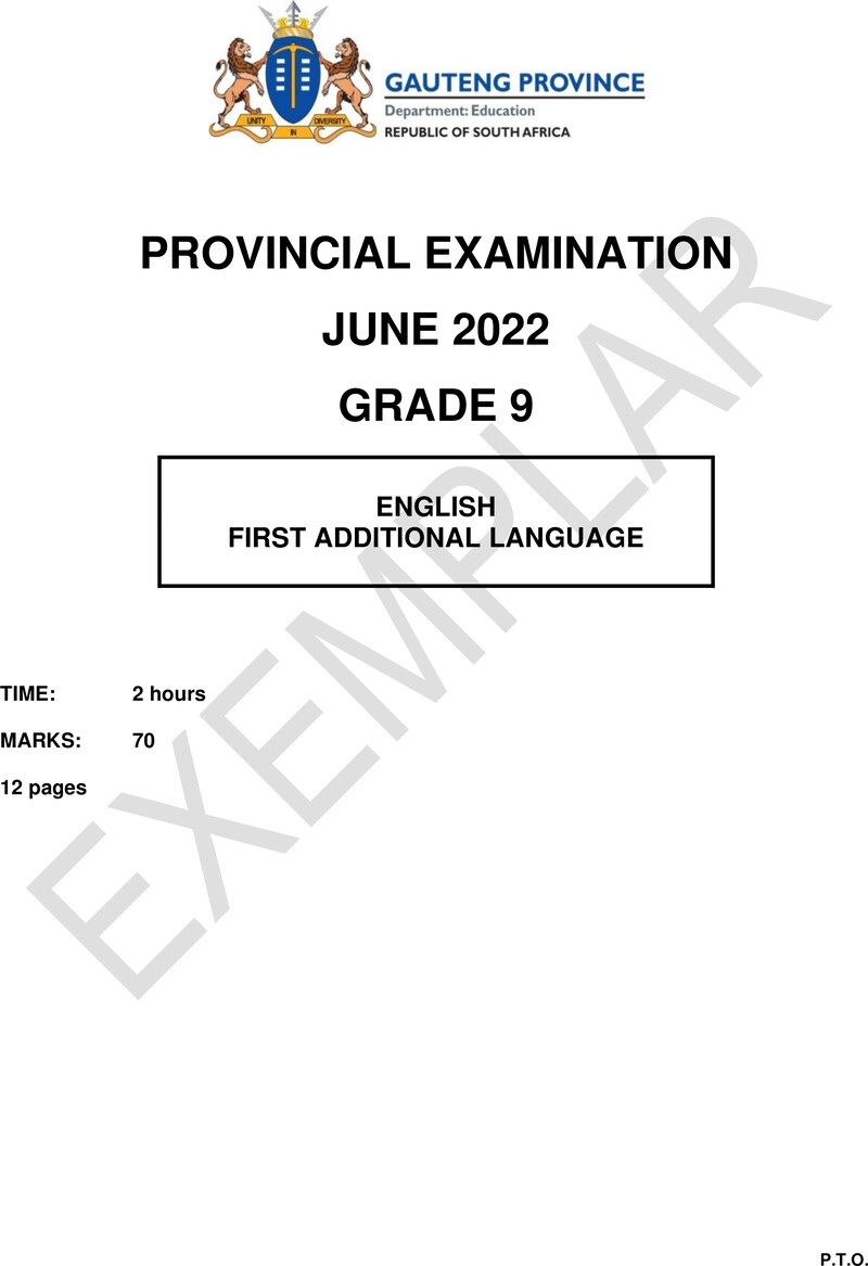 English First Additional Language Grade 9 DBE CAPS June 2022 Paper 1 - Question Paper