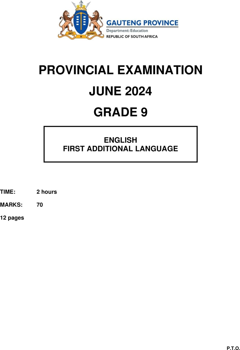 English First Additional Language Grade 9 DBE CAPS June 2024 Paper 1 - Question Paper