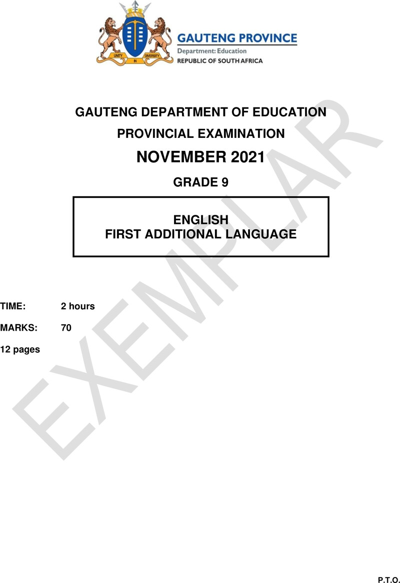 English First Additional Language Grade 9 DBE CAPS November 2021 Paper 1 - Question Paper