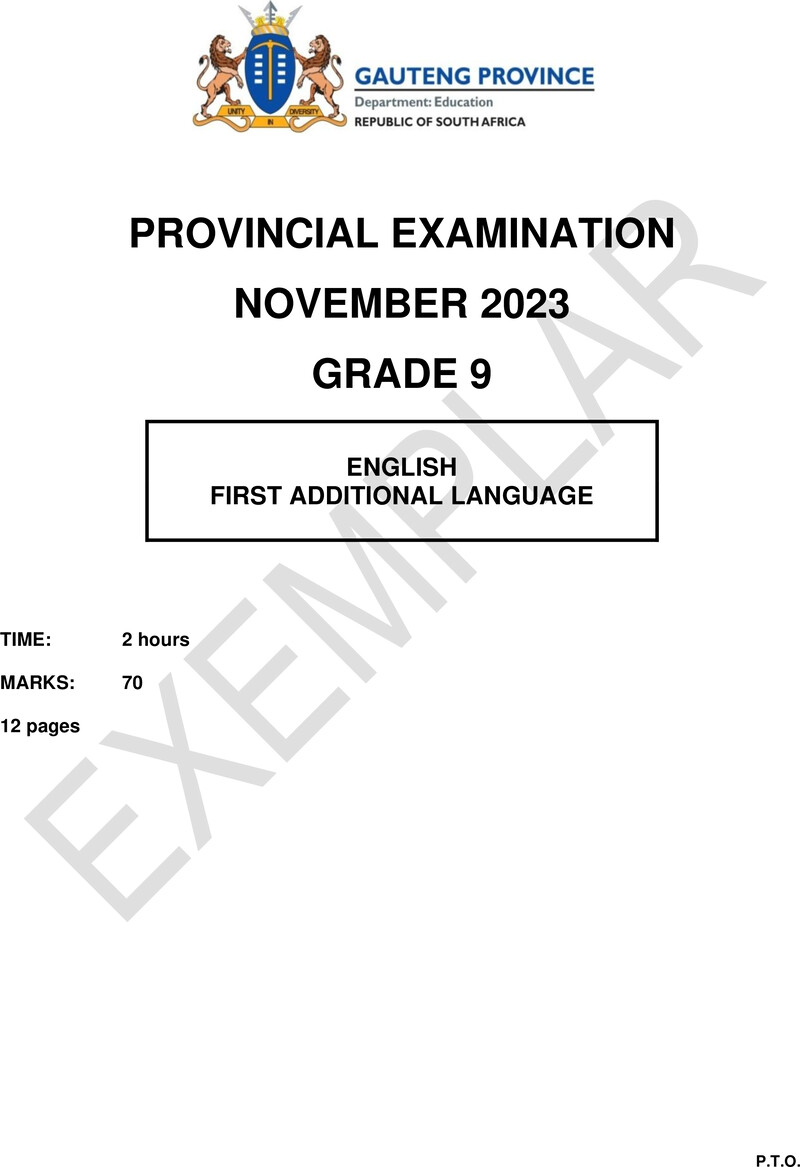 English First Additional Language Grade 9 DBE CAPS November 2023 Paper 1 - Question Paper