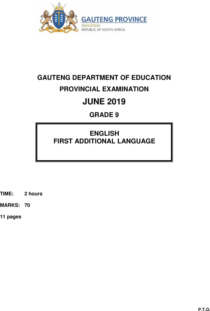 English First Additional Language Grade 9 DBE CAPS June 2019 Paper 1 - Question Paper