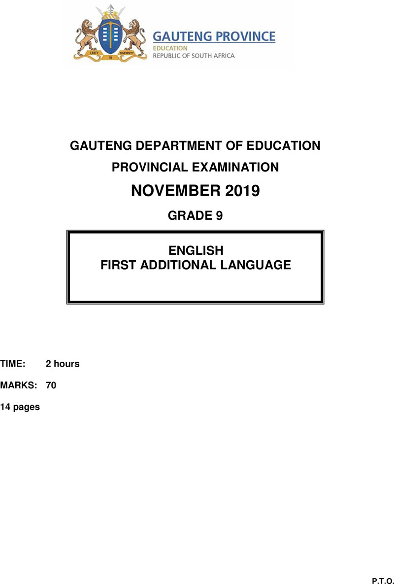 English First Additional Language Grade 9 DBE CAPS November 2019 Paper 1 - Question Paper