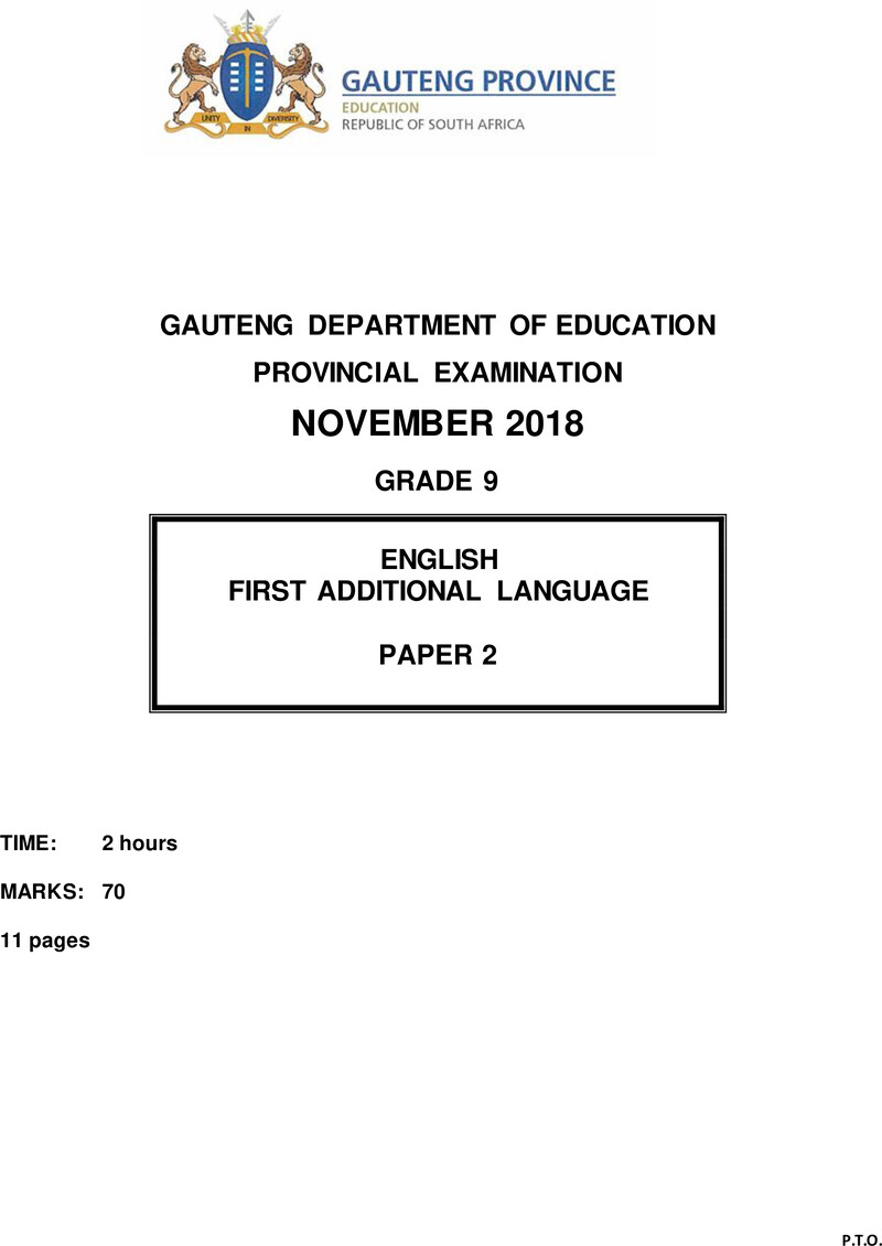 English First Additional Language Grade 9 DBE CAPS November 2018 Paper 2 - Question Paper
