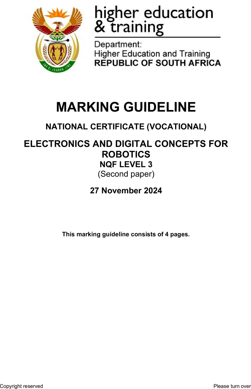Electronics and Digital Concepts for Robotics Level 3 DHET NCV November 2024 - Memo