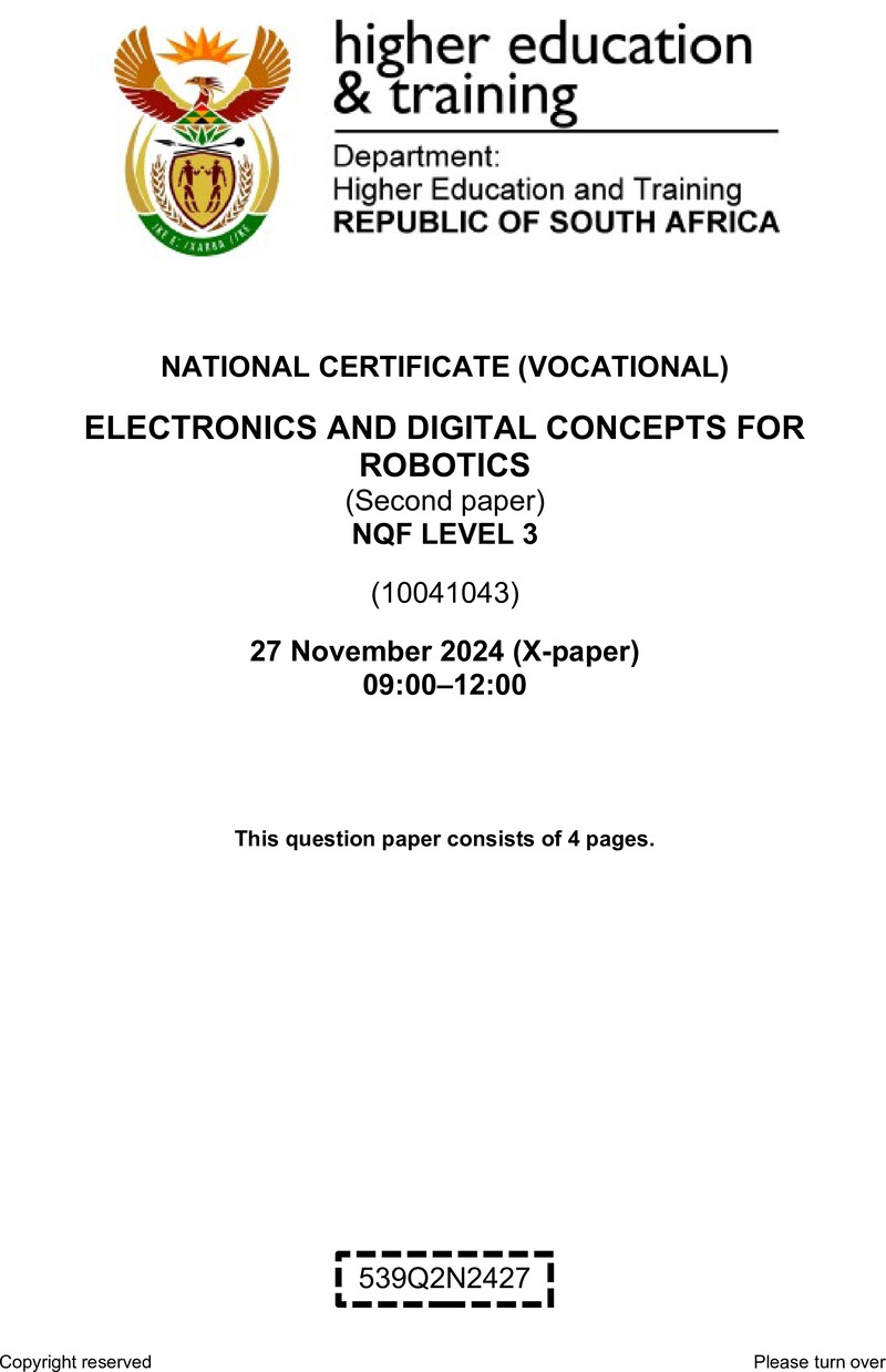 Electronics and Digital Concepts for Robotics Level 3 DHET NCV November 2024 Paper X - Question Paper