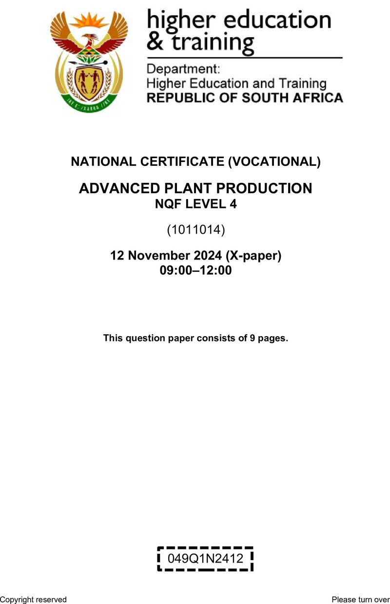Advanced Plant Production Level 4 DHET NCV November 2024 Paper X - Question Paper