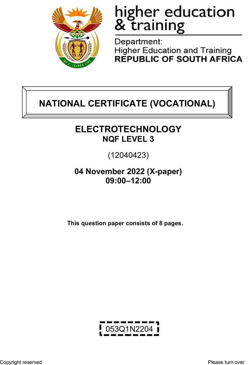 Electrotechnology Level 3 DHET NCV November 2022 Paper X - Question Paper
