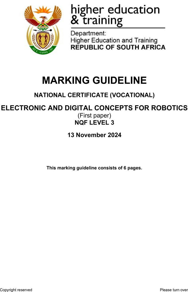 Electronic And Digital Concepts For Robotics Level 3 Dhet NCV November 2024 - Memo