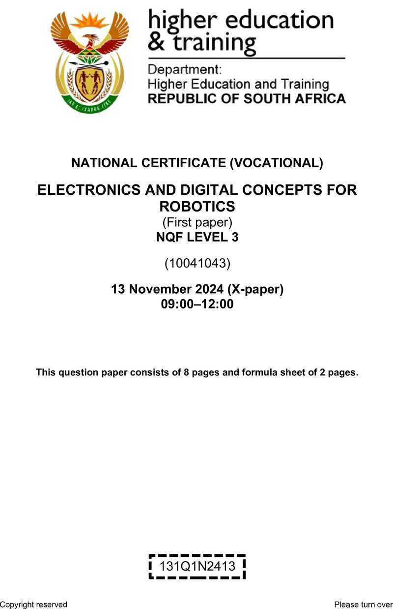 Electronics and Digital Concepts for Robotics Level 3 DHET NCV November 2024 Paper X - Question Paper