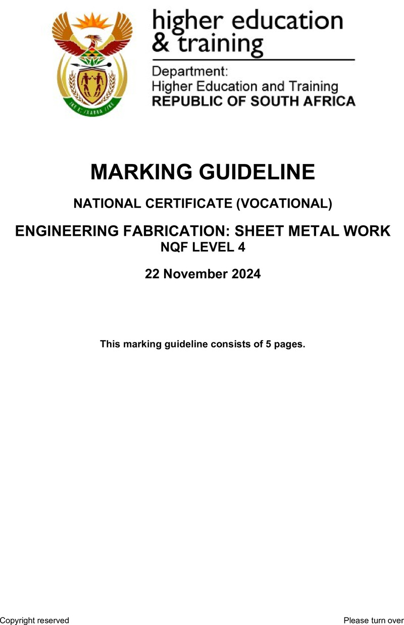Engineering Fabrication: Sheet Metal Work Level 4 DHET NCV 2024 - Memo