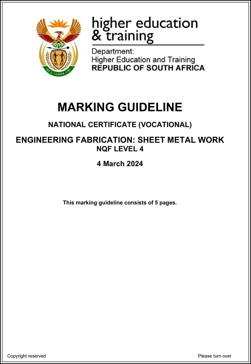Engineering Fabrication: Sheet Metal Work Level 4 DHET NCV March 2024 - Memo