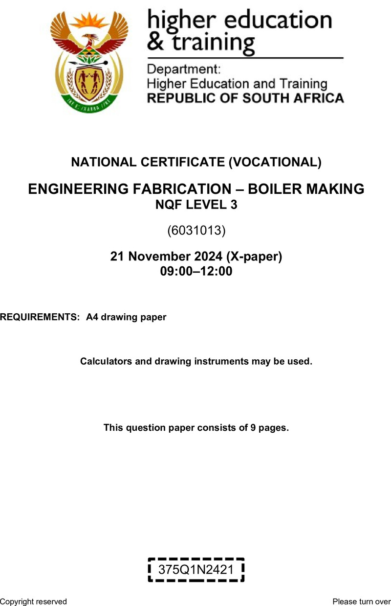 Engineering Fabrication: Boilermaking Level 3 DHET NCV November 2024 Paper X - Question Paper