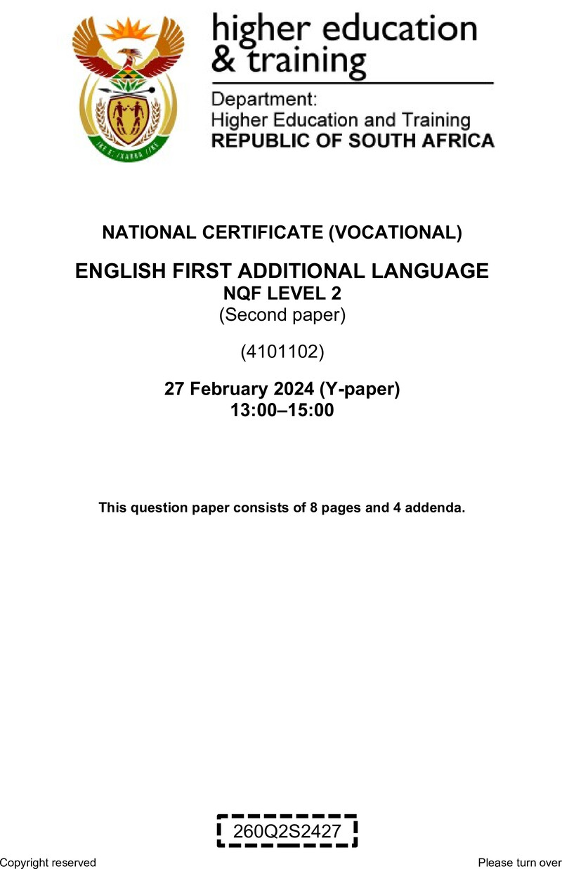 English Level 2 Dhet NCV February 2024 Paper Y - Question Paper