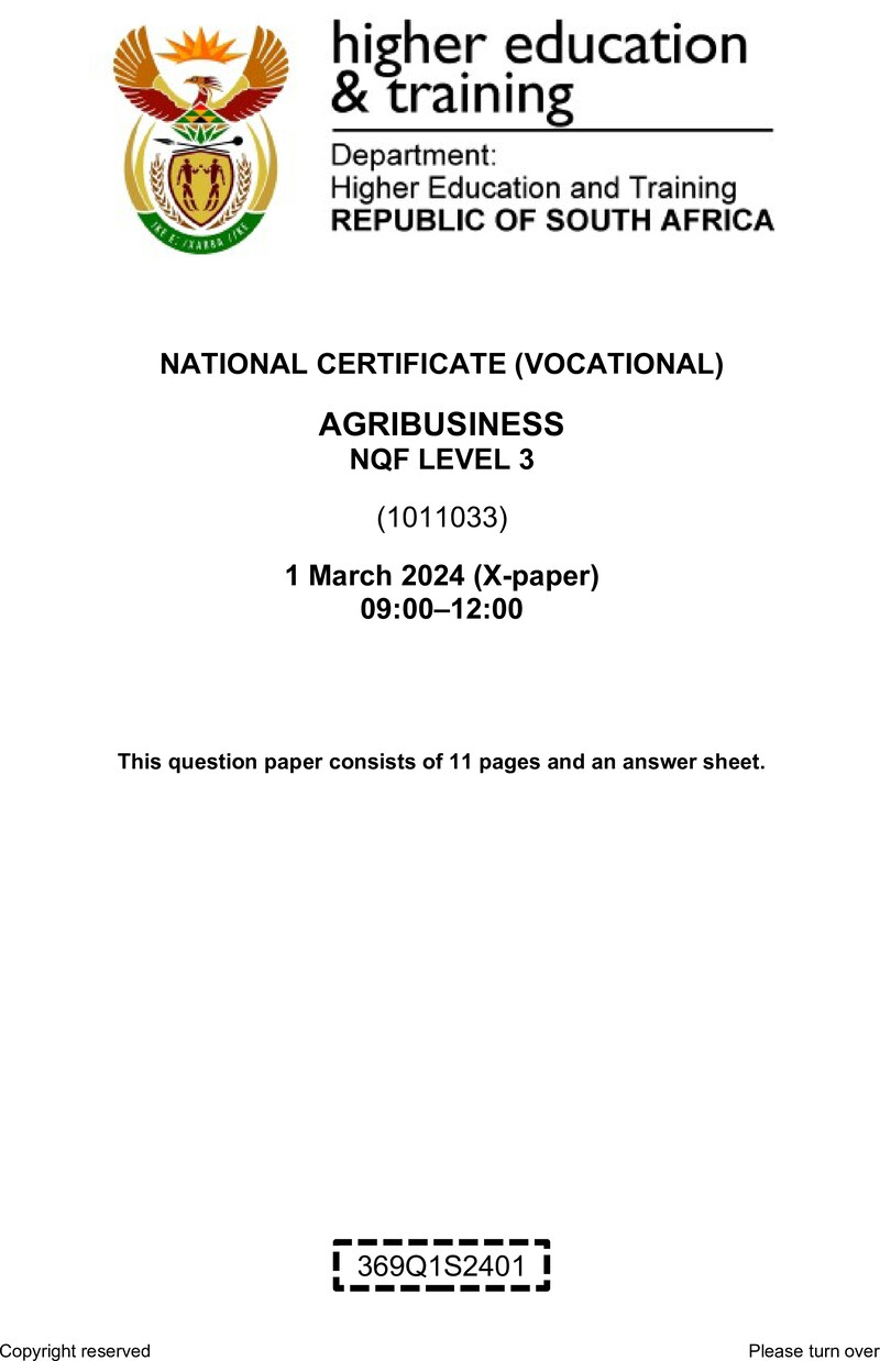 Agribusiness Level 3 DHET NCV March 2024 Paper X - Question Paper