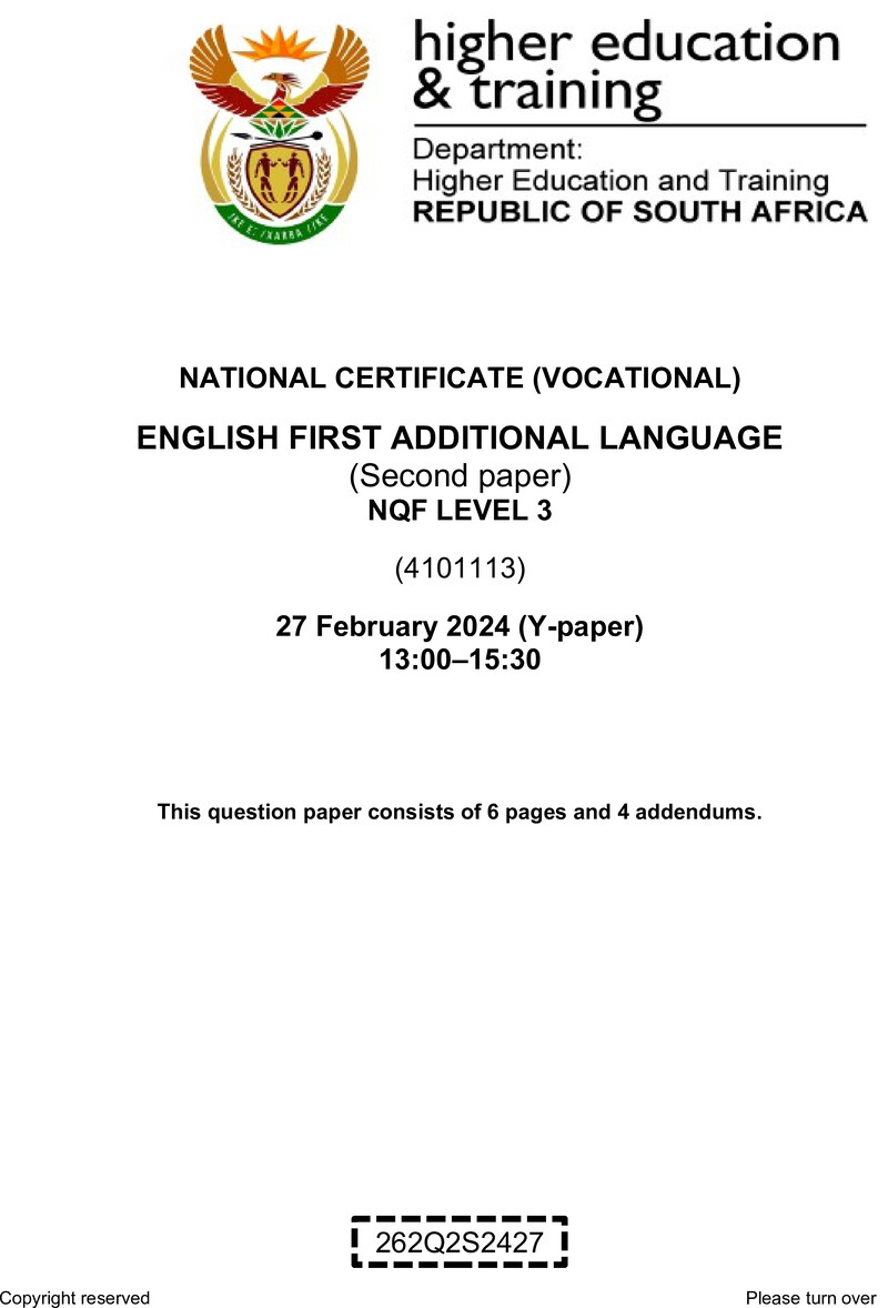 English Level 3 Dhet NCV February 2024 Paper Y - Question Paper