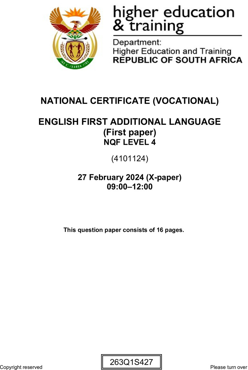 English Level 4 Dhet NCV 2024 Paper 10 - Question Paper