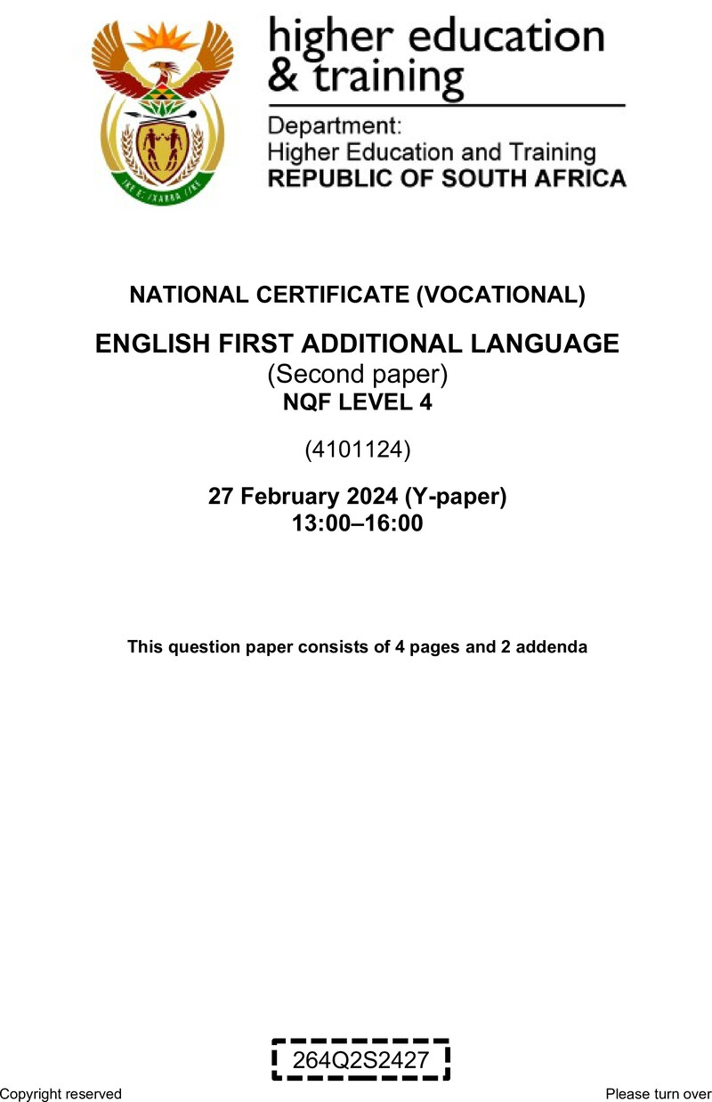 English Level 4 Dhet NCV February 2024 Paper Y - Question Paper