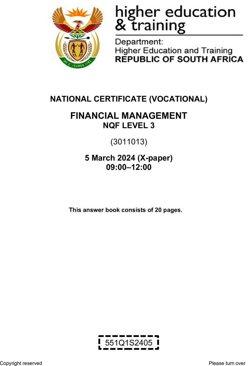 Financial Management Level 3 DHET NCV March 2024 Paper X - Question Paper