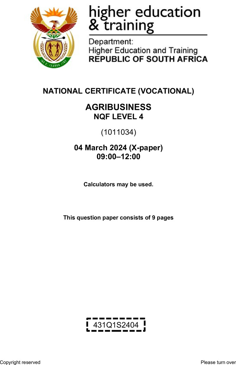 Agribusiness Level 4 DHET NCV March 2024 Paper X - Question Paper