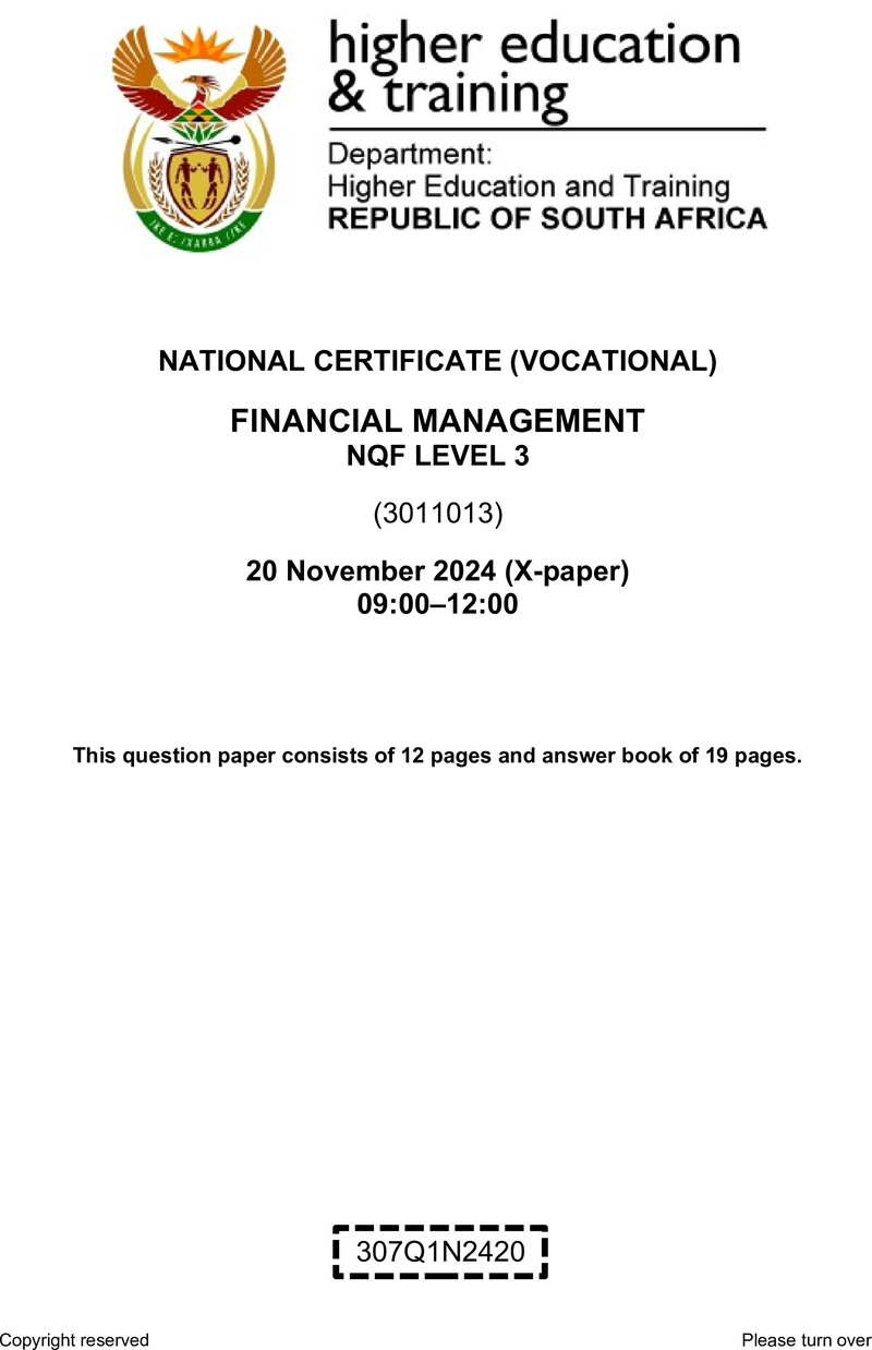 Financial Management Level 3 DHET NCV November 2024 Paper X - Question Paper
