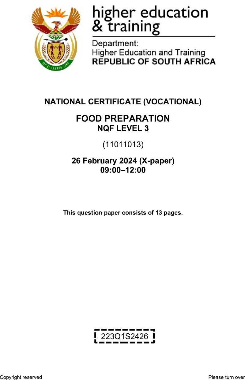 Food Preparation Level 3 DHET NCV February 2024 Paper X - Question Paper