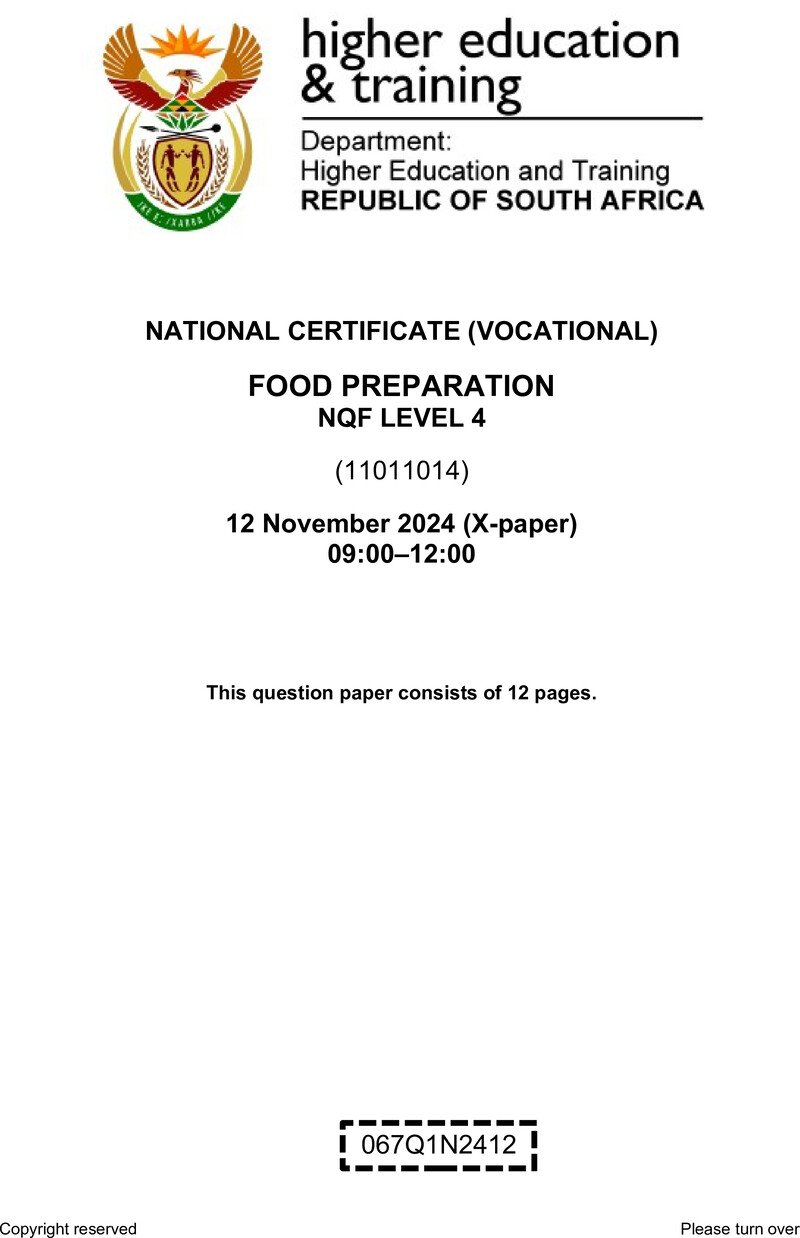 Food Preparation Level 4 DHET NCV November 2024 Paper X - Question Paper