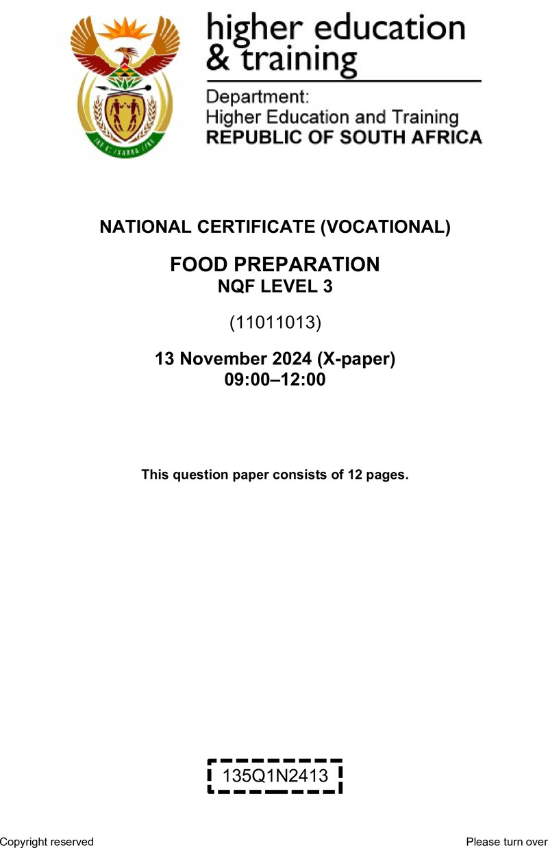 Food Preparation Level 3 DHET NCV November 2024 Paper X - Question Paper