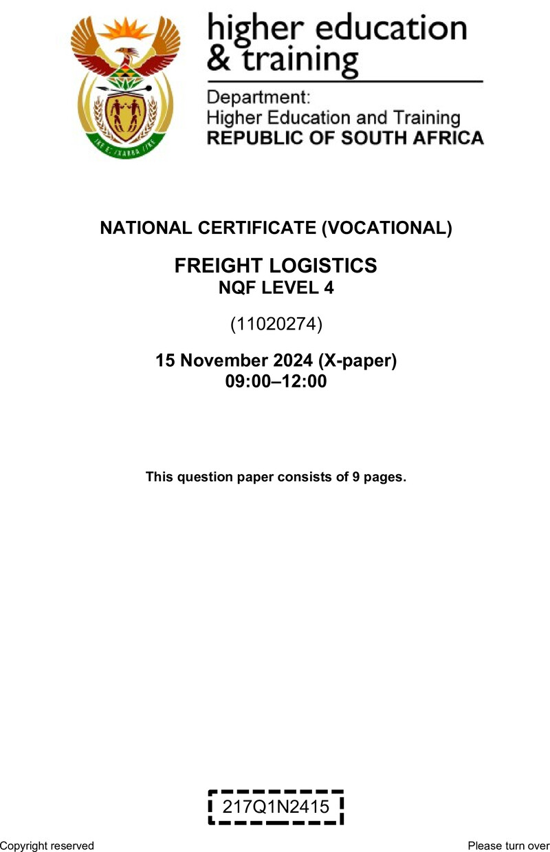 Freight Logistics Level 4 DHET NCV November 2024 Paper X - Question Paper