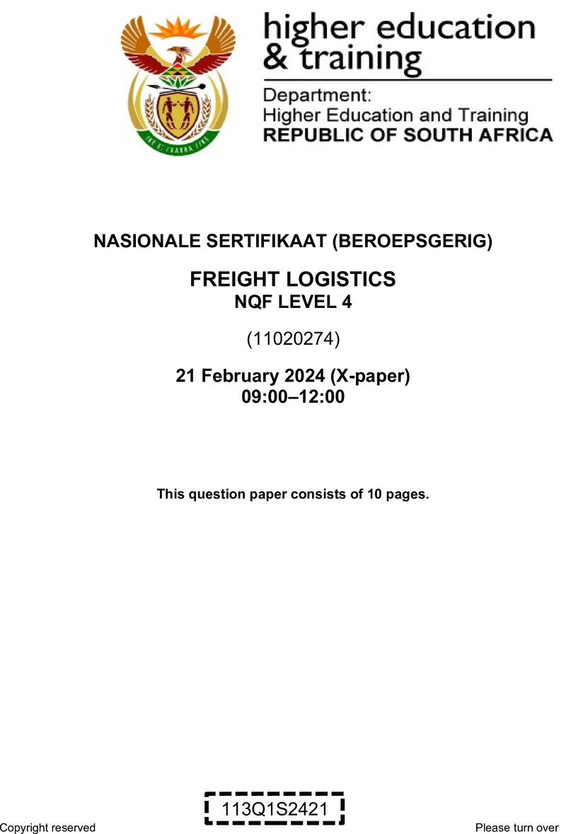 Freight Logistics Level 4 DHET NCV February 2024 Paper X - Question Paper
