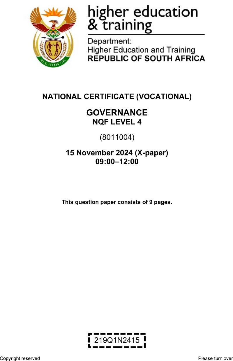 Governance Level 4 DHET NCV November 2024 Paper X - Question Paper