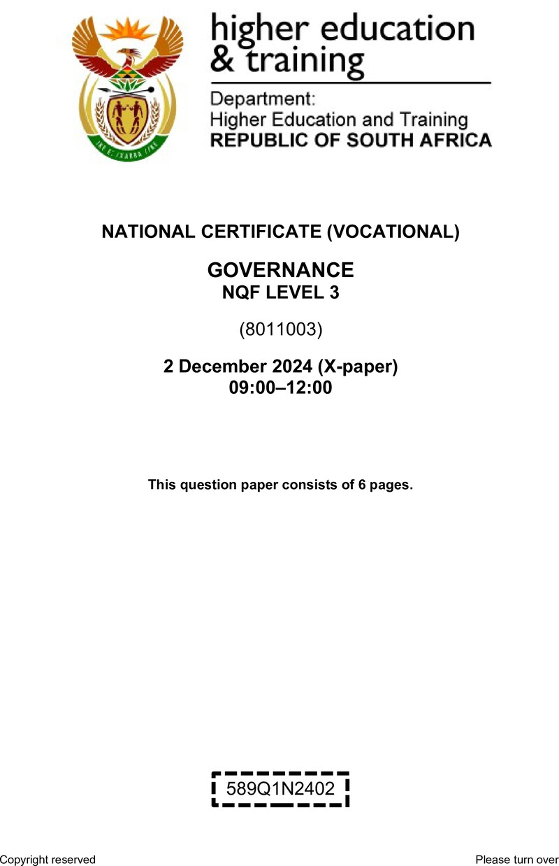 Governance Level 3 DHET NCV December 2024 Paper X - Question Paper