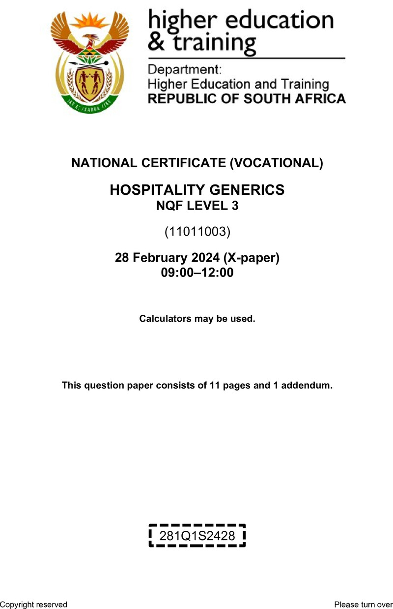 Hospitality Generics Level 3 DHET NCV February 2024 Paper X - Question Paper