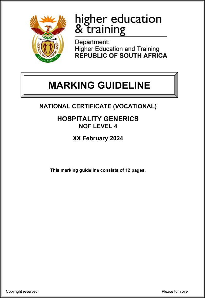 Hospitality Generics Level 4 DHET NCV February 2024 - Memo