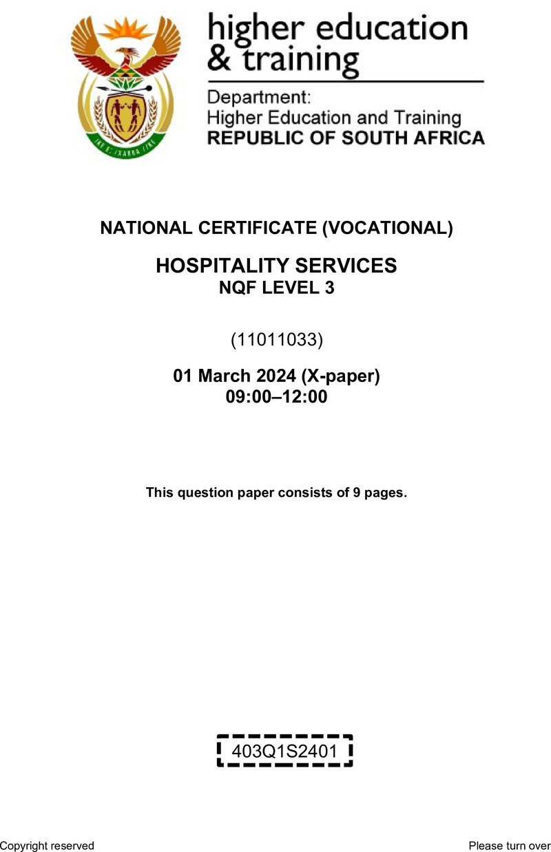 Hospitality Services Level 3 DHET NCV March 2024 Paper X - Question Paper