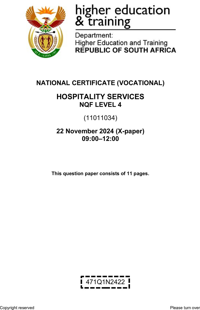 Hospitality Services Level 4 DHET NCV November 2024 Paper X - Question Paper
