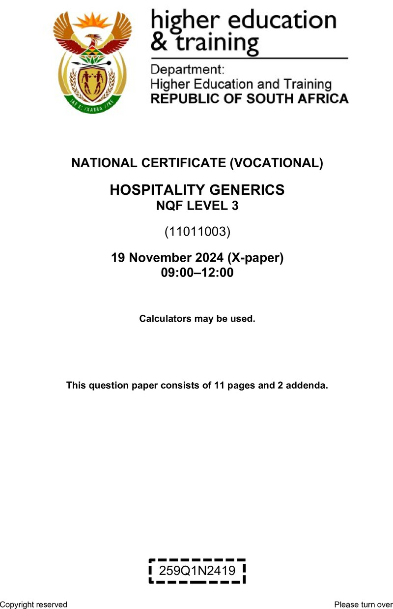 Hospitality Generics Level 3 DHET NCV November 2024 Paper X - Question Paper