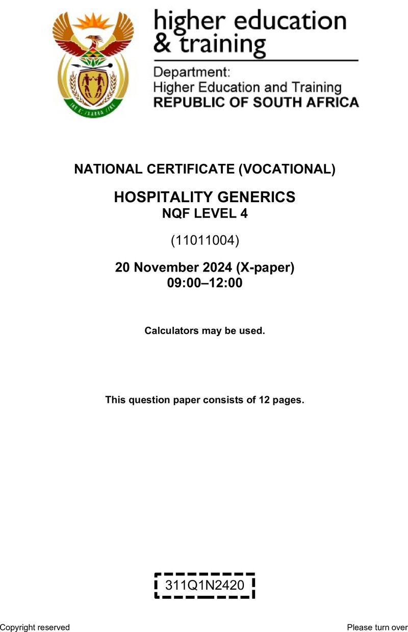 Hospitality Generics Level 4 DHET NCV November 2024 Paper X - Question Paper