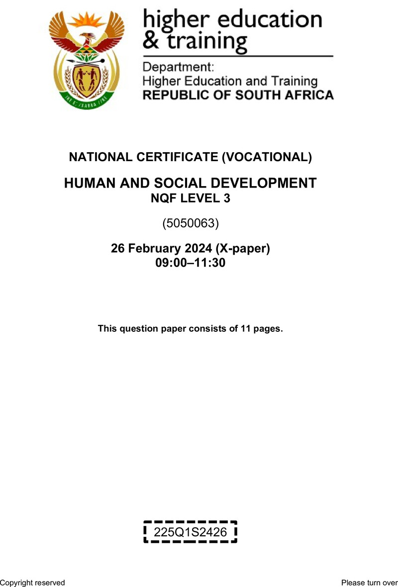 Human and Social Development Level 3 DHET NCV February 2024 Paper X - Question Paper